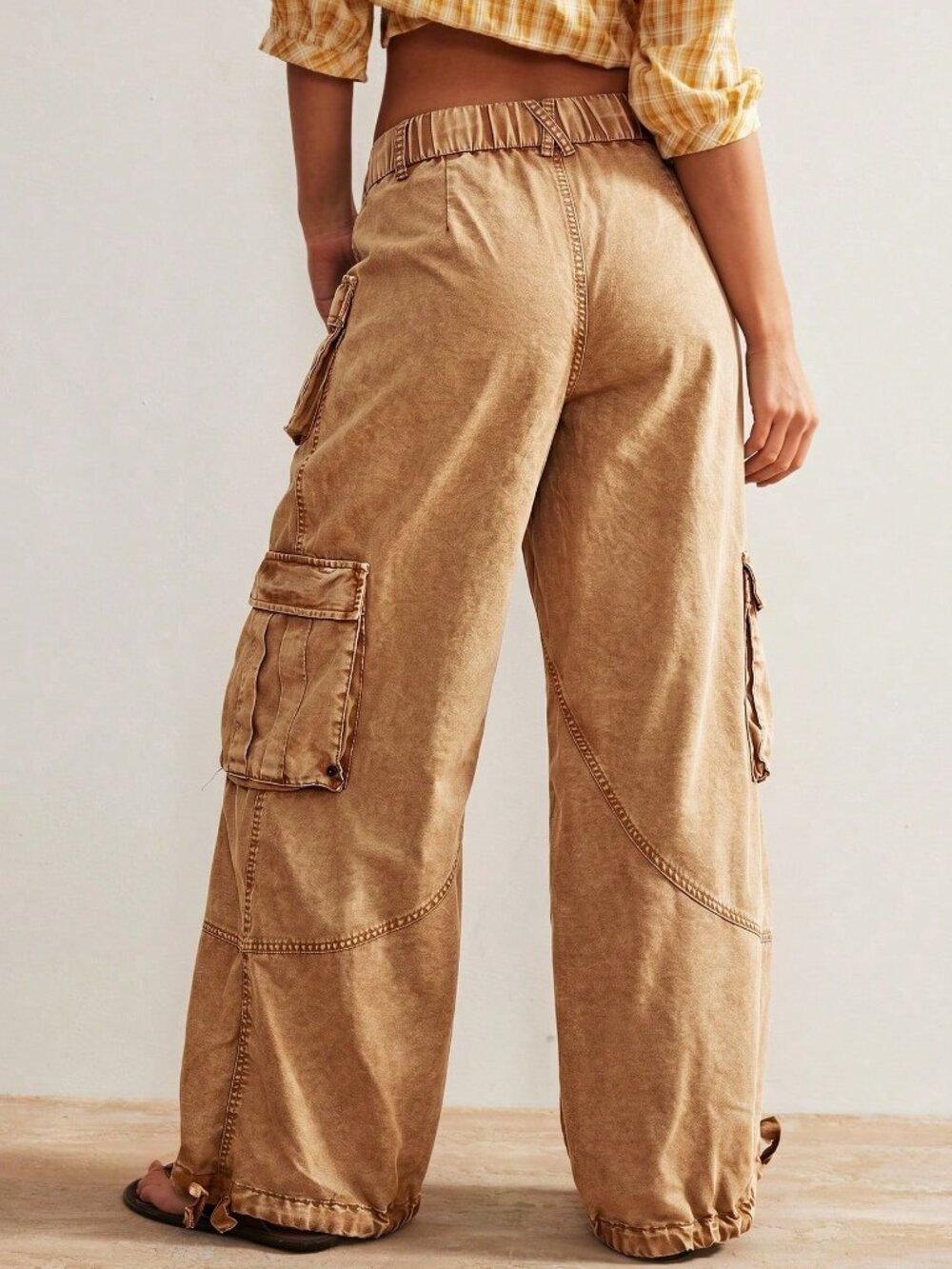 Brown Casual Women's Woven Loose Cuffed Low Waist Loose Long Pants - Picture 2 of 10